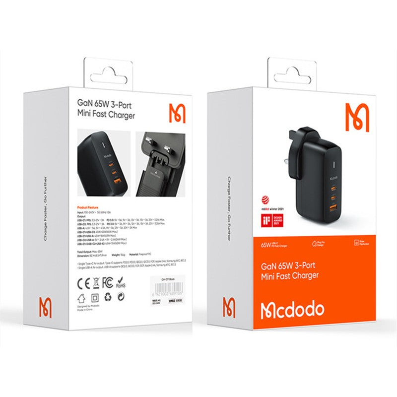Norvo | 65W Telefonlader med 2 USB-C & 1 USB-A porter, for telefon & laptop