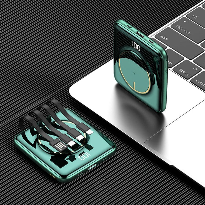 Norvo | 5-i-1 Bærbar Mini 20000mAh Power Bank, med Kablet/Drahtløs Lading, 4 Innebygde Kabler & Super Slank Design, for Telefon, Nettbrett & Mer
