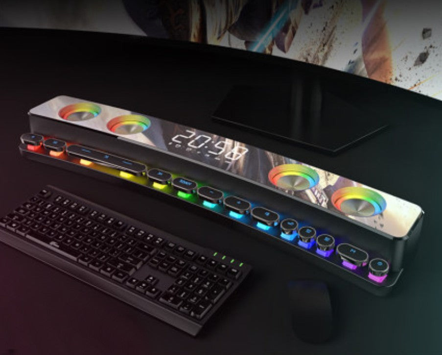 Norvo | Bluetooth Gaming Høyttaler, med RGB Belysning, Bluetooth 5.0, Dobbelt Membran, Doble Høyttalere, Mekaniske Knapper, Klokke & Alarm