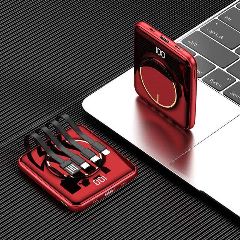 Norvo | 5-i-1 Bærbar Mini 20000mAh Power Bank, med Kablet/Drahtløs Lading, 4 Innebygde Kabler & Super Slank Design, for Telefon, Nettbrett & Mer