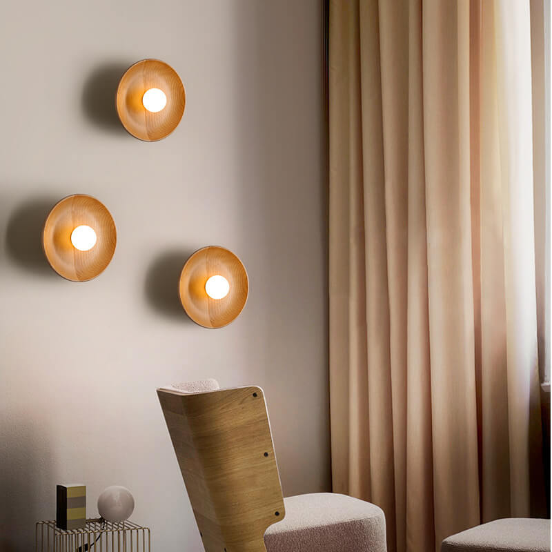 Norvo | Modern Minimalist Rund Skive Solid Tre 1-Lykt Vegglampe