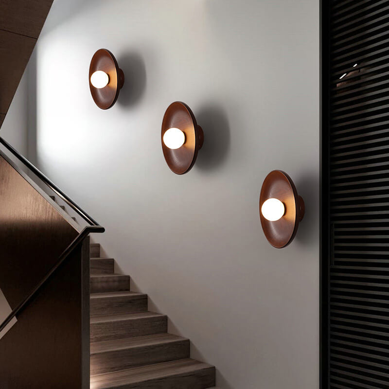 Norvo | Modern Minimalist Rund Skive Solid Tre 1-Lykt Vegglampe