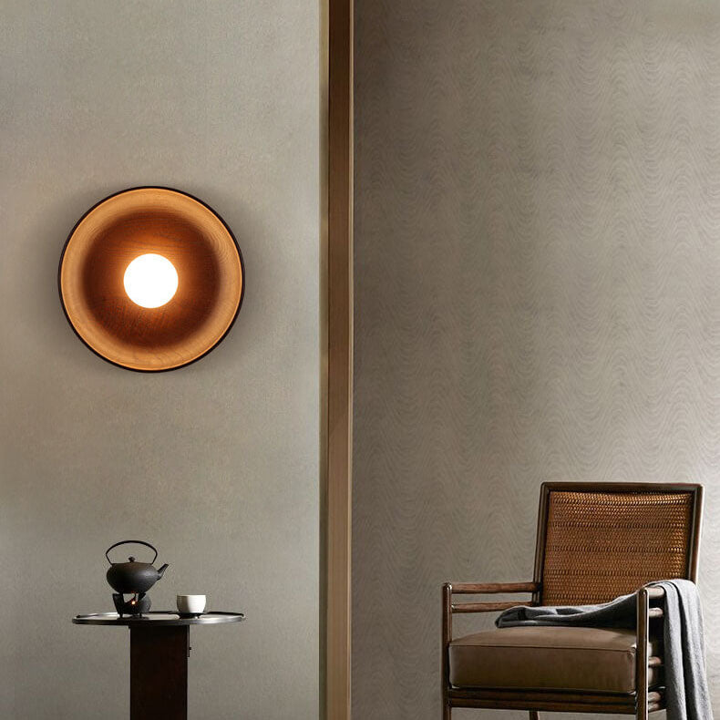 Norvo | Modern Minimalist Rund Skive Solid Tre 1-Lykt Vegglampe