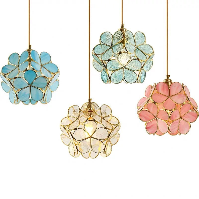 Norvo | Modern Art Deco Blomster Boble Glass Skjerm Messing Ramme 1-Lys Pendellampe for Stuen