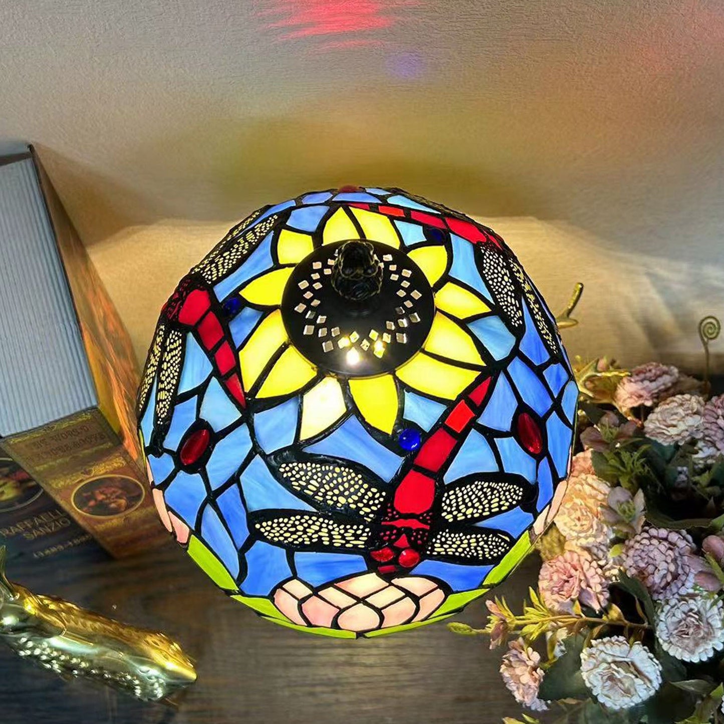 Norvo | Tradisjonell Tiffany Legert Glasskuppel Blomst 1-Lampe Bordlampe for Nattbord
