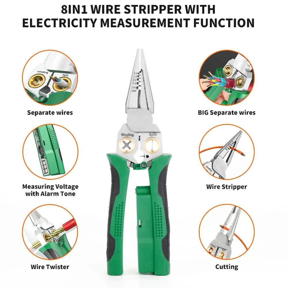 Norvo | 8 i 1 Ledningsstripper Twister for Kutting og Trekking av Ledninger, Kabelsakser, Spenningsmåler Tenger, 12V til 250V Live