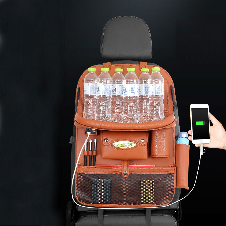 Norvo | Multifunksjonell Bilstolback Stor Kapasitet Lagringspose med 4 USB Ladeporter, Utrekkbar Brett, Tablettholder, Tissue Oppbevaring, Drikkeholder, Stor Lagringspose og Mer