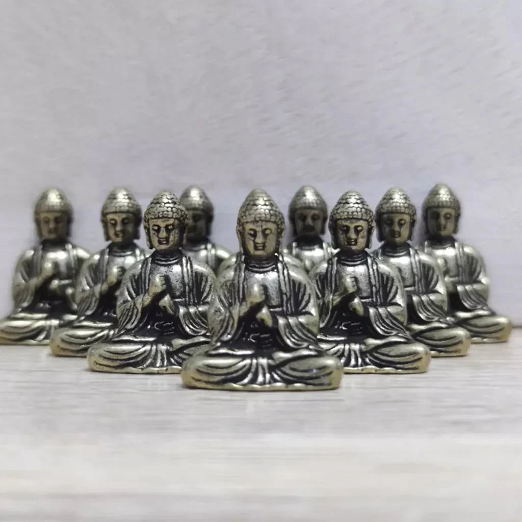 Norvo | 10 stk Miniatyr Messing Sittende Buddha Statue Figur for Reise Buddhism Tilbedelse Hjemmekontor Skrivebords Dekorasjon