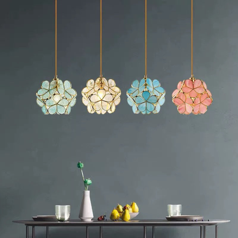 Norvo | Modern Art Deco Blomster Boble Glass Skjerm Messing Ramme 1-Lys Pendellampe for Stuen
