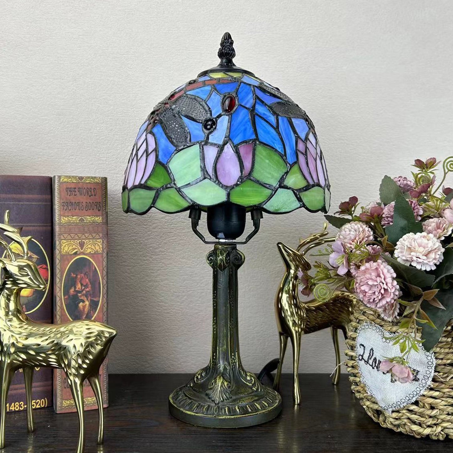 Norvo | Tradisjonell Tiffany Legert Glasskuppel Blomst 1-Lampe Bordlampe for Nattbord