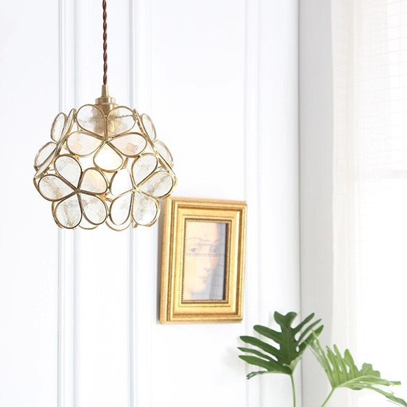Norvo | Modern Art Deco Blomster Boble Glass Skjerm Messing Ramme 1-Lys Pendellampe for Stuen