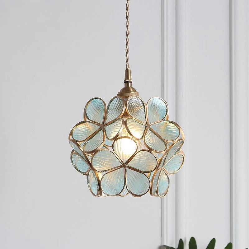 Norvo | Modern Art Deco Blomster Boble Glass Skjerm Messing Ramme 1-Lys Pendellampe for Stuen