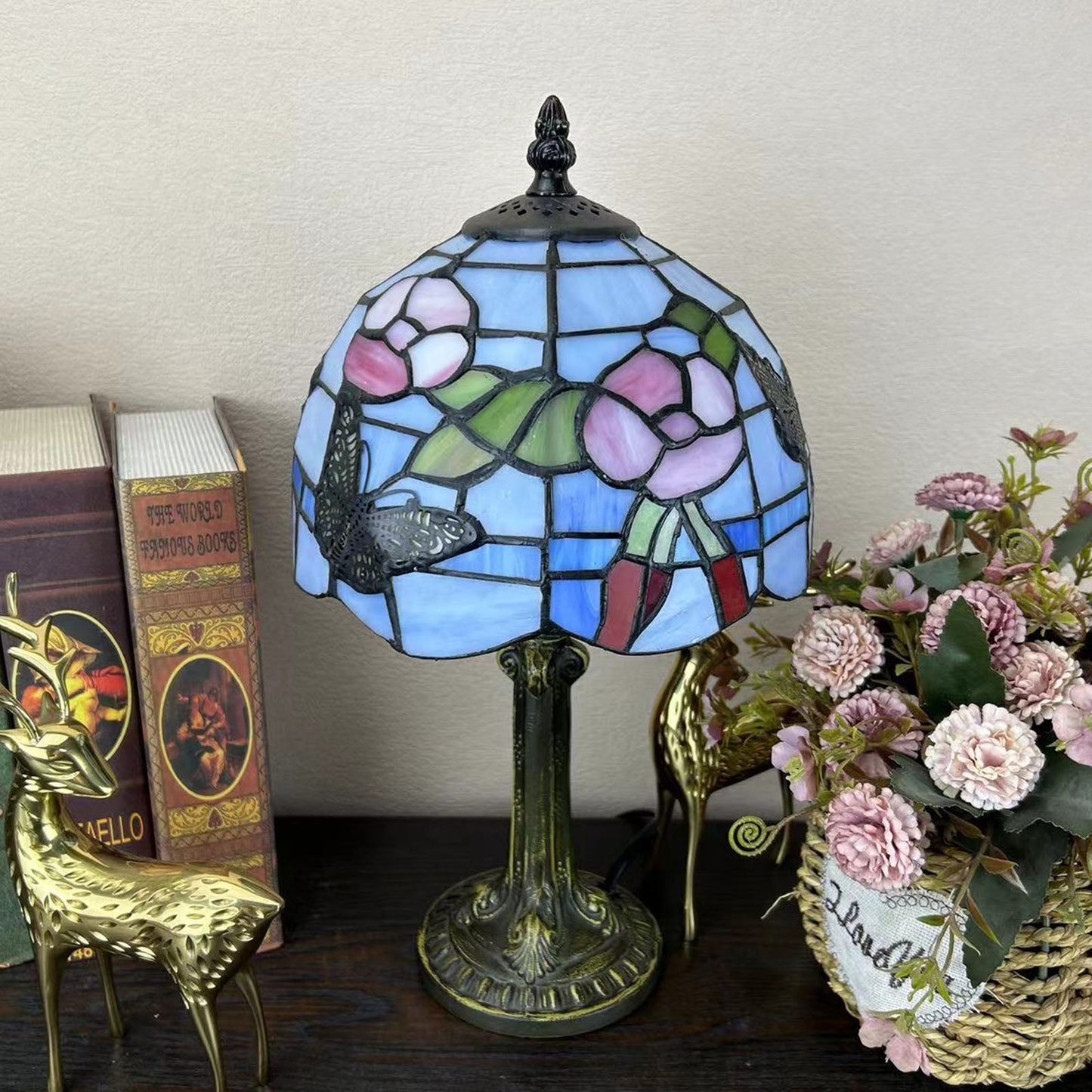 Norvo | Tradisjonell Tiffany Legert Glasskuppel Blomst 1-Lampe Bordlampe for Nattbord