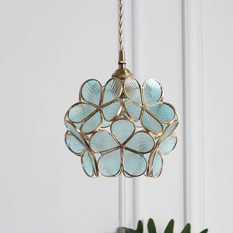 Norvo | Modern Art Deco Blomster Boble Glass Skjerm Messing Ramme 1-Lys Pendellampe for Stuen