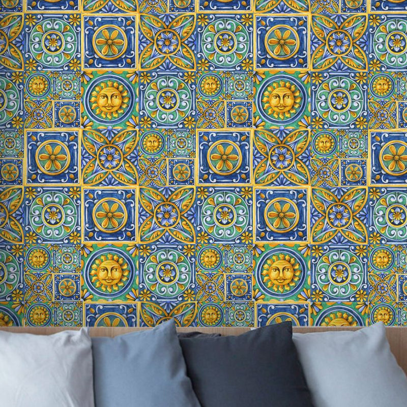 Norvo | Klistrede egyptiske fliser tapetpanel i blå-gul-grønn boho stil veggdekor for kjøkkenet