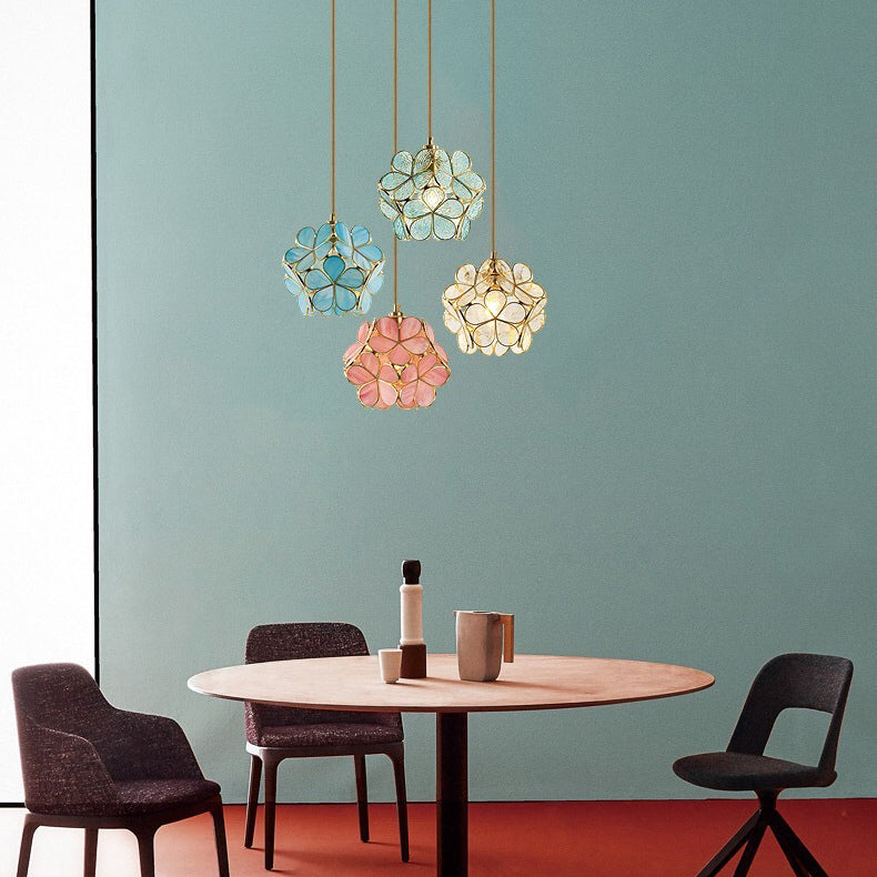 Norvo | Modern Art Deco Blomster Boble Glass Skjerm Messing Ramme 1-Lys Pendellampe for Stuen