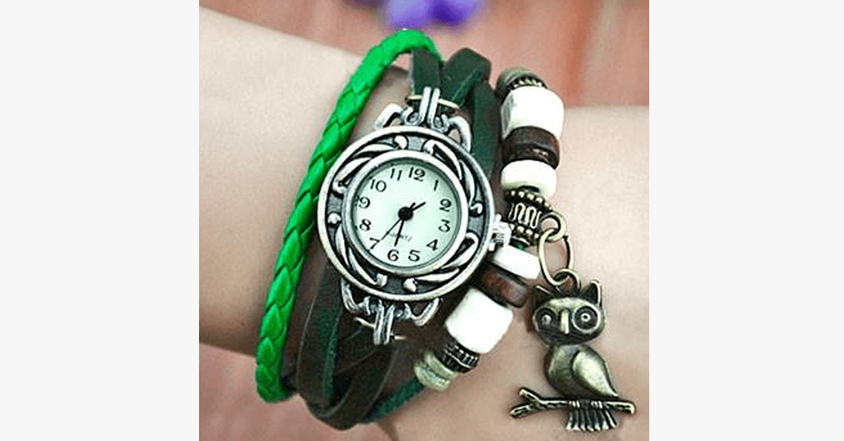 Norvo | Ugle Vintage Wrap Klokke med Boho-Chic Stil Armbånd - Vevd mansjett-stil armbåndsur for et funky utseende!