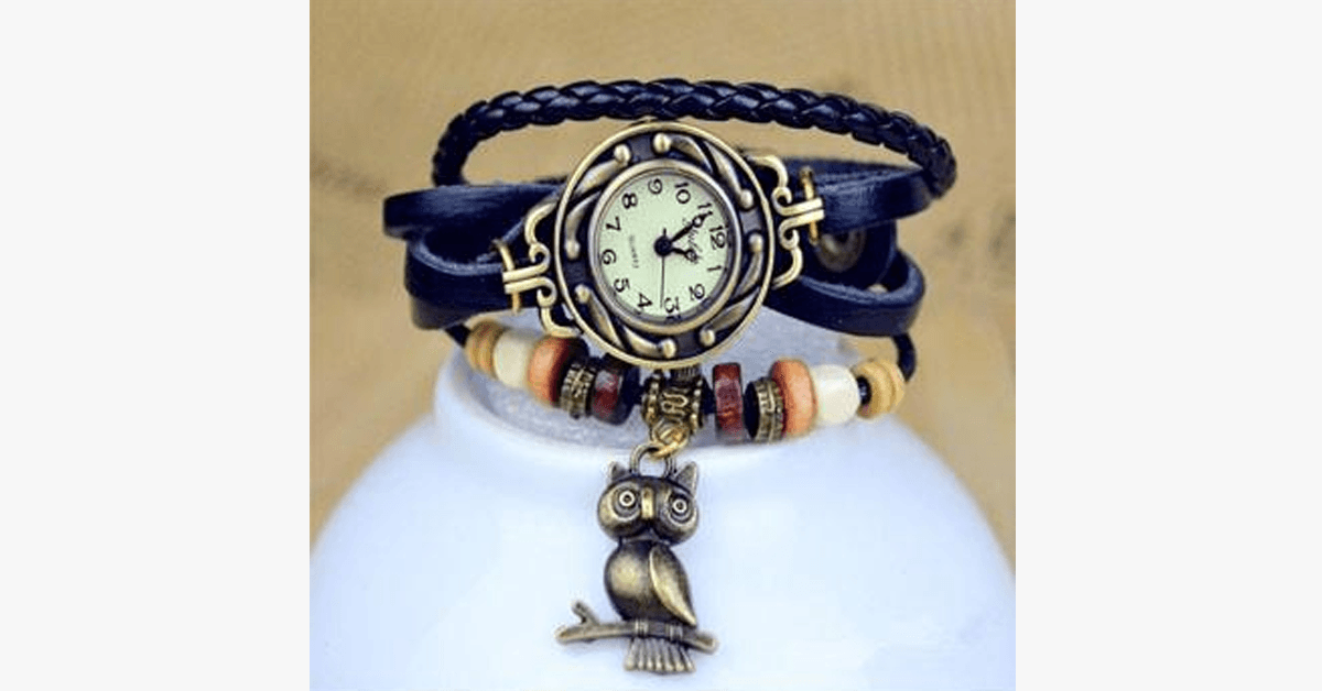 Norvo | Ugle Vintage Wrap Klokke med Boho-Chic Stil Armbånd - Vevd mansjett-stil armbåndsur for et funky utseende!