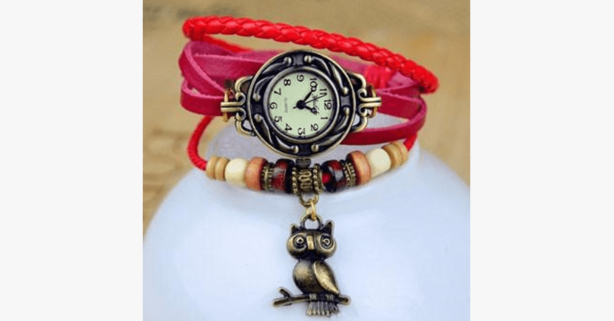 Norvo | Ugle Vintage Wrap Klokke med Boho-Chic Stil Armbånd - Vevd mansjett-stil armbåndsur for et funky utseende!