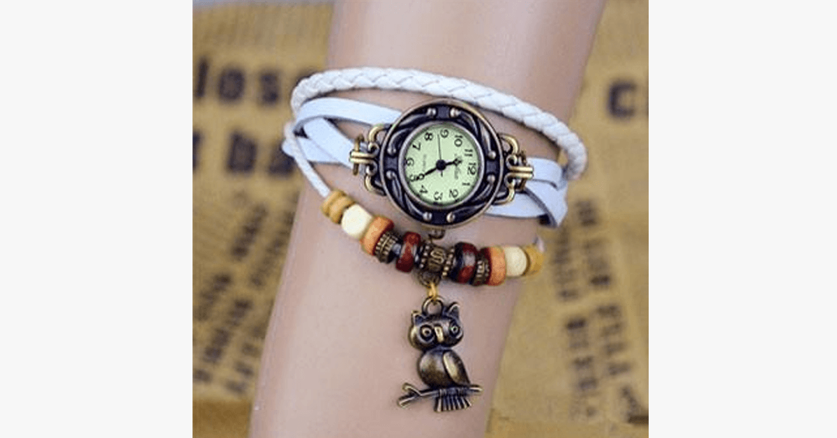Norvo | Ugle Vintage Wrap Klokke med Boho-Chic Stil Armbånd - Vevd mansjett-stil armbåndsur for et funky utseende!