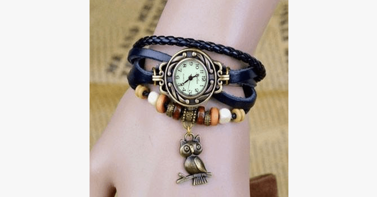 Norvo | Ugle Vintage Wrap Klokke med Boho-Chic Stil Armbånd - Vevd mansjett-stil armbåndsur for et funky utseende!