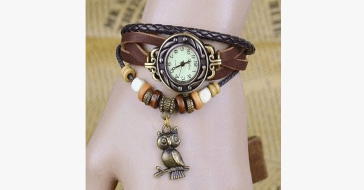 Norvo | Ugle Vintage Wrap Klokke med Boho-Chic Stil Armbånd - Vevd mansjett-stil armbåndsur for et funky utseende!