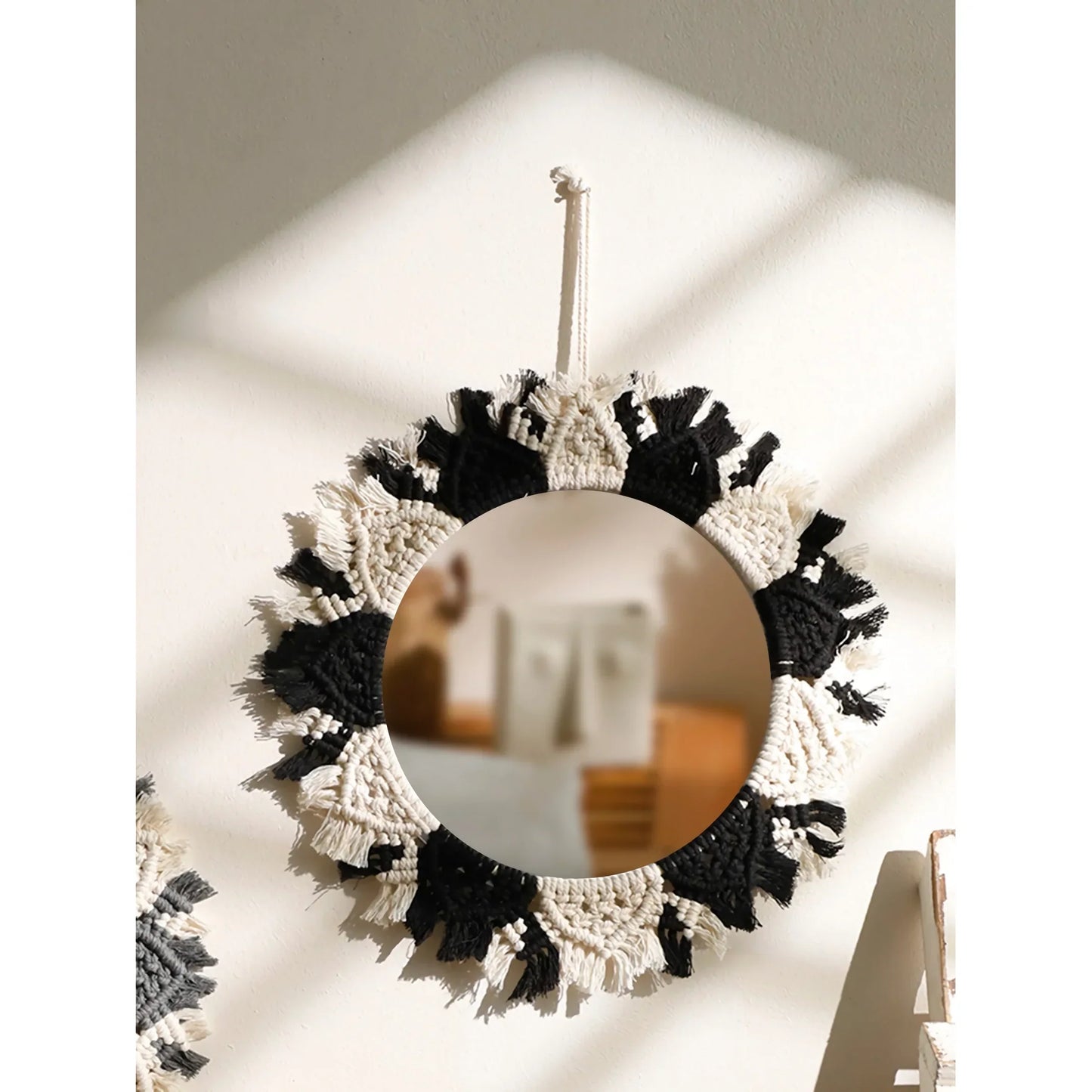 Norvo | Boho Makrame Dekorativ Speil - Svart og Grå Rund Veggdekor