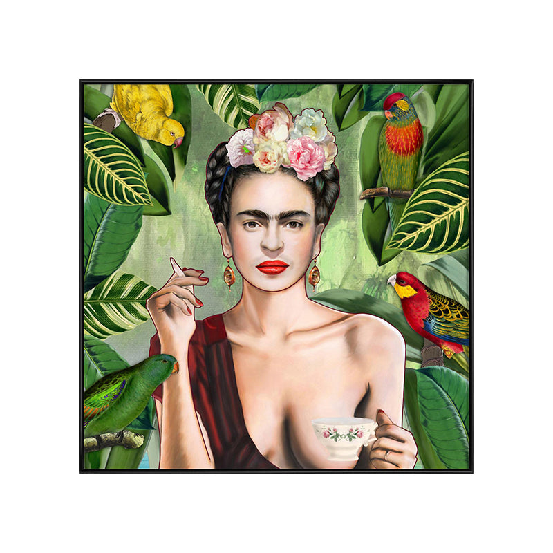 Norvo | Bohemsk lerretskunst i grønt Frida Kahlo selvportrett maleri for hjeminnredning