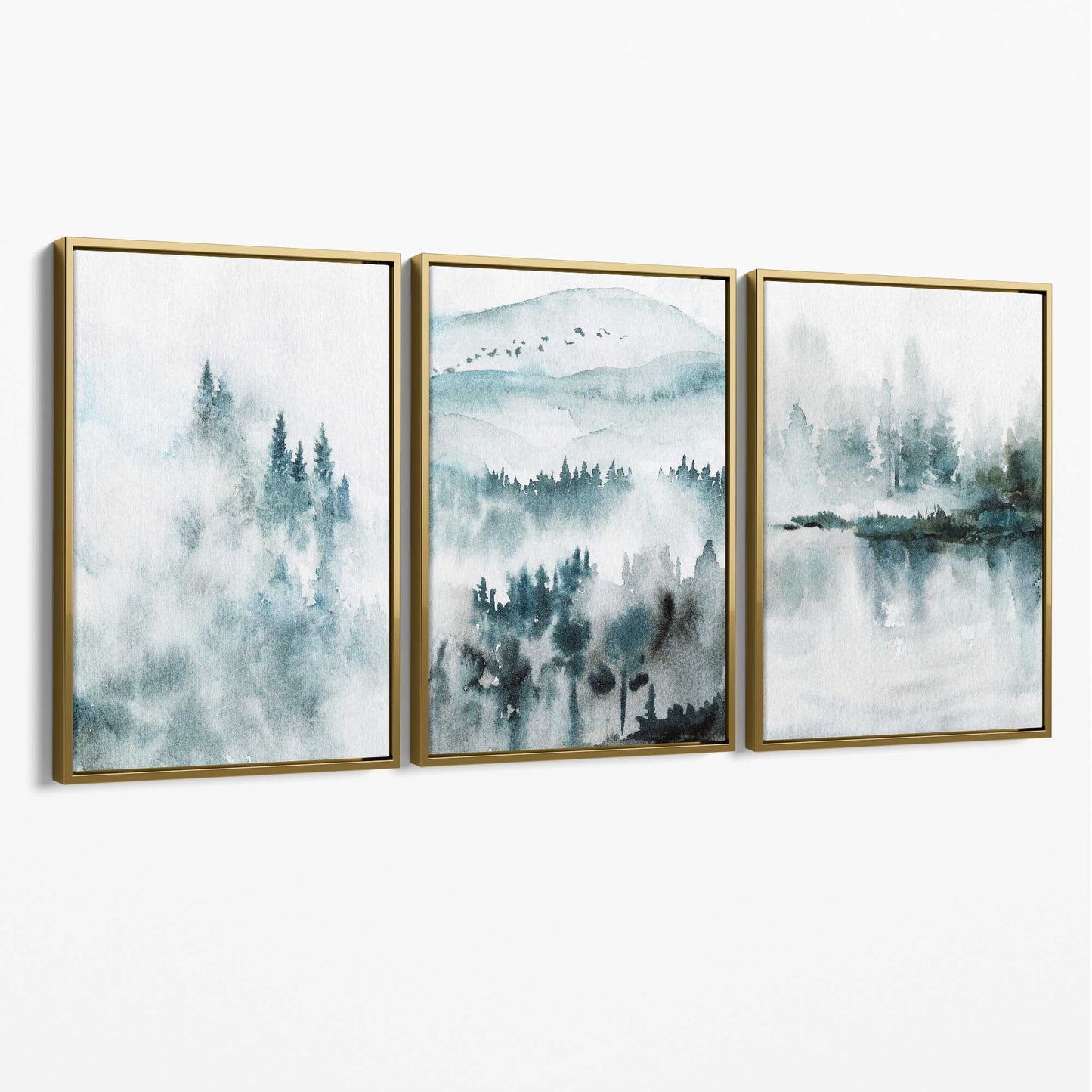 Norvo | Teal Blue Abstrakt Skog Innsjø Sett med 3 Lerret