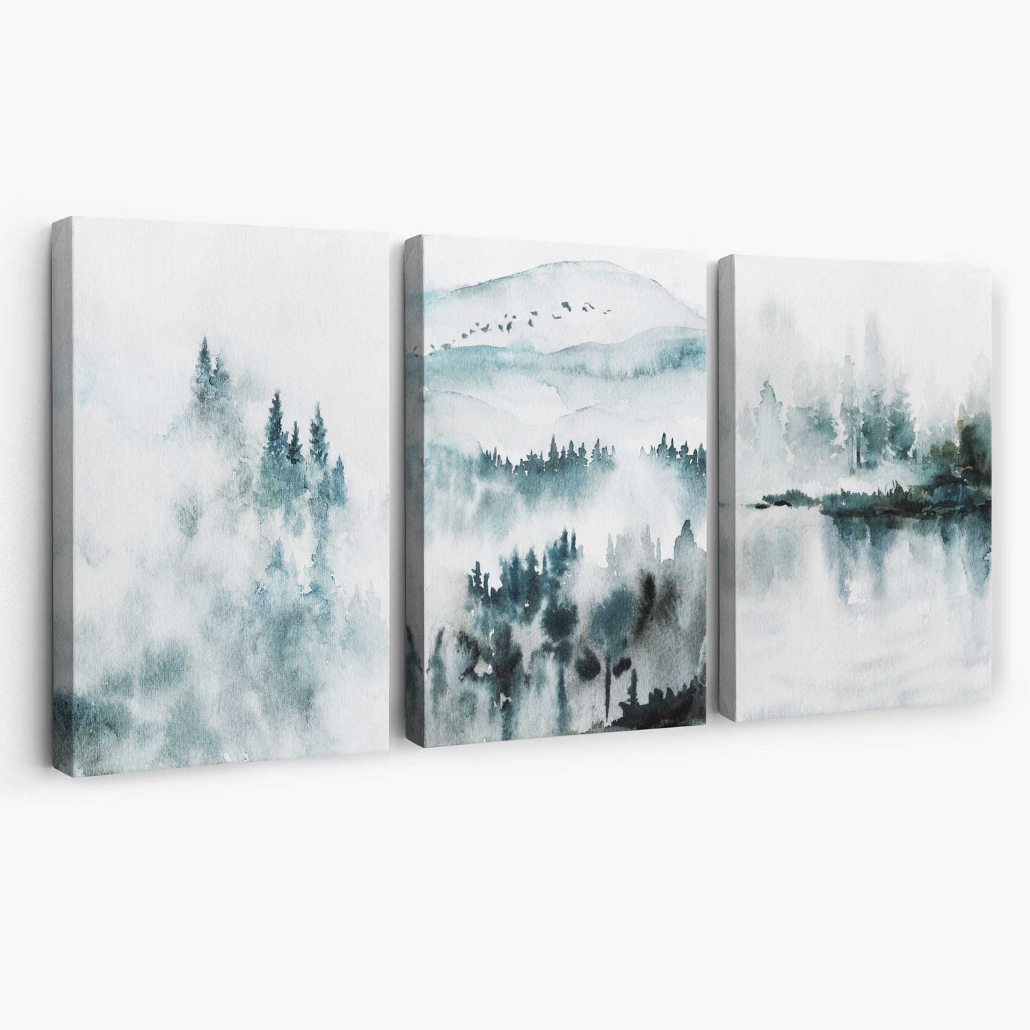 Norvo | Teal Blue Abstrakt Skog Innsjø Sett med 3 Lerret