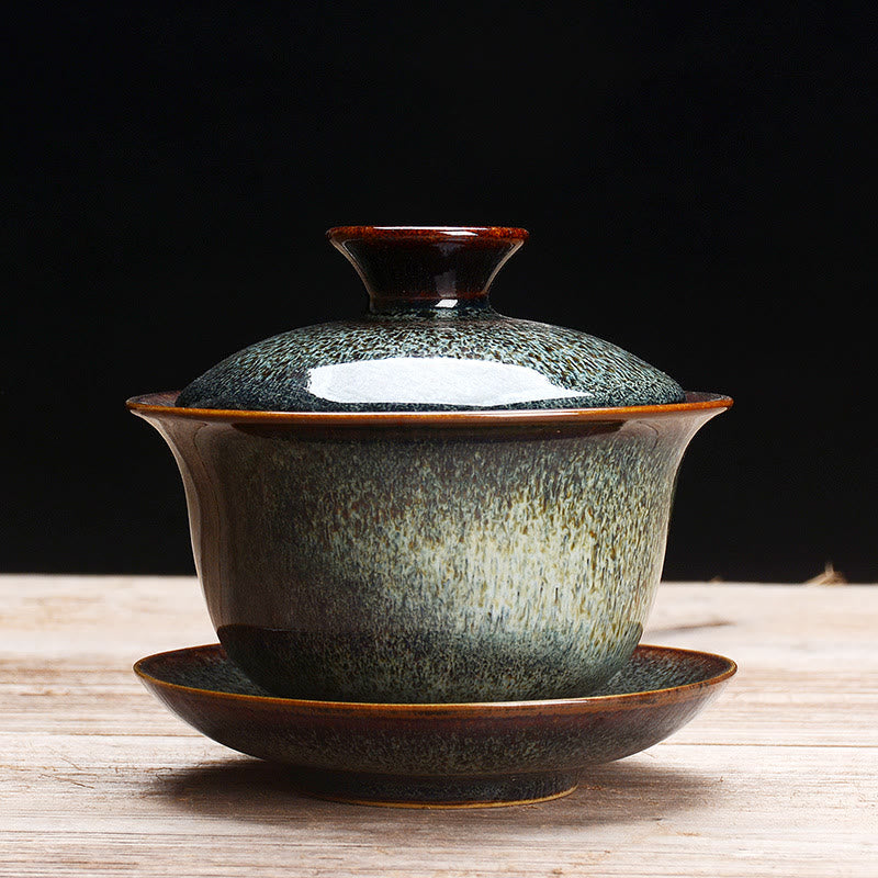 Norvo | Vintage Brennovn Keramisk Gaiwan Sancai Tekopp Tekopp og Tallerken med Lokk