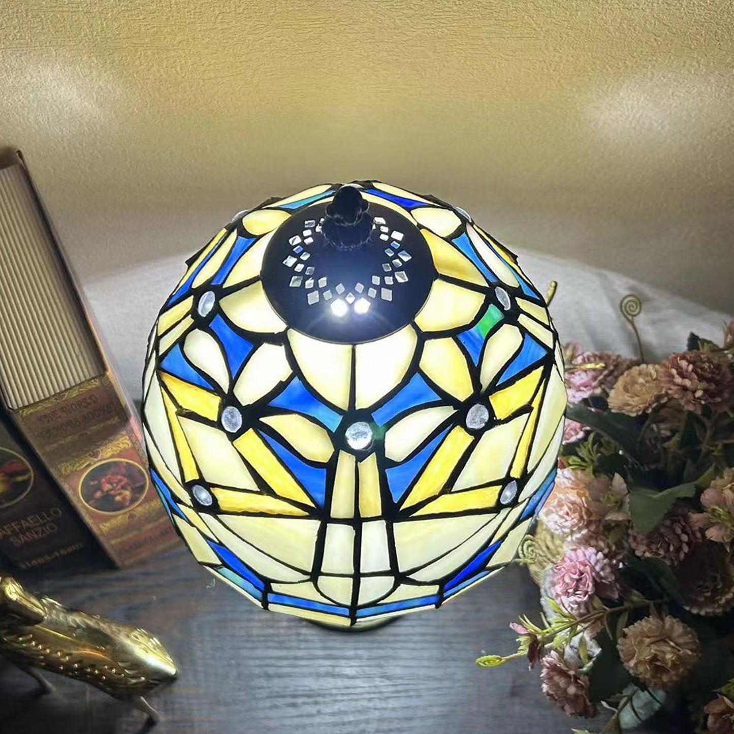 Norvo | Tradisjonell Tiffany Legert Glasskuppel Blomst 1-Lampe Bordlampe for Nattbord