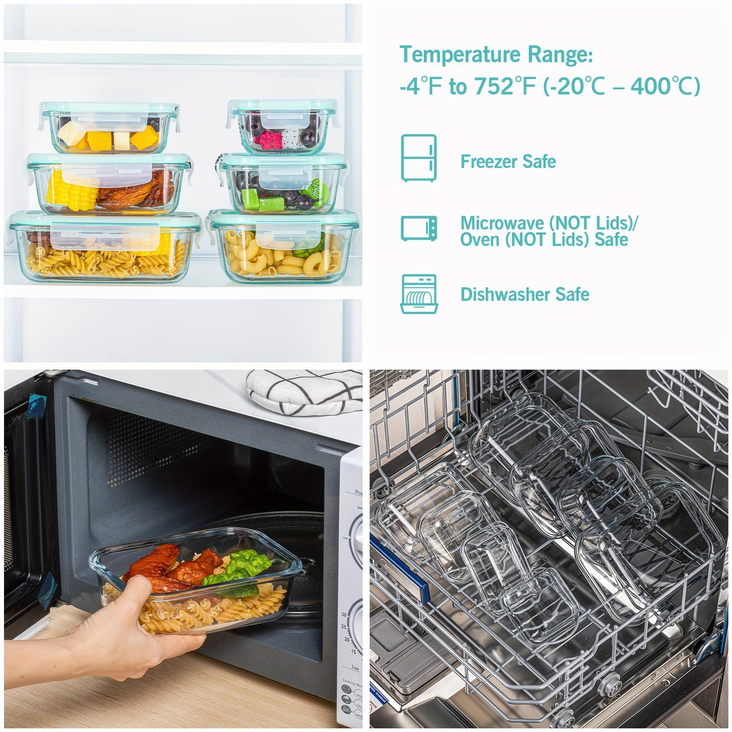 Norvo | 8-Pack Glass Matboksbeholdere – Lufttette Måltid Forberedelse Bento-bokser med lekkasjesikre, låsbare lokk, mikrobølgeovn-, ovn-, fryse- og oppvaskmaskinsikre, BPA-frie