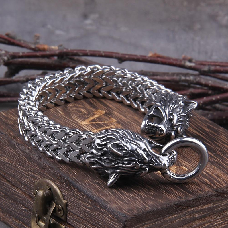 Norvo | Viking Rustfritt Stål Dobbel Ulvehode Fenris Armbånd