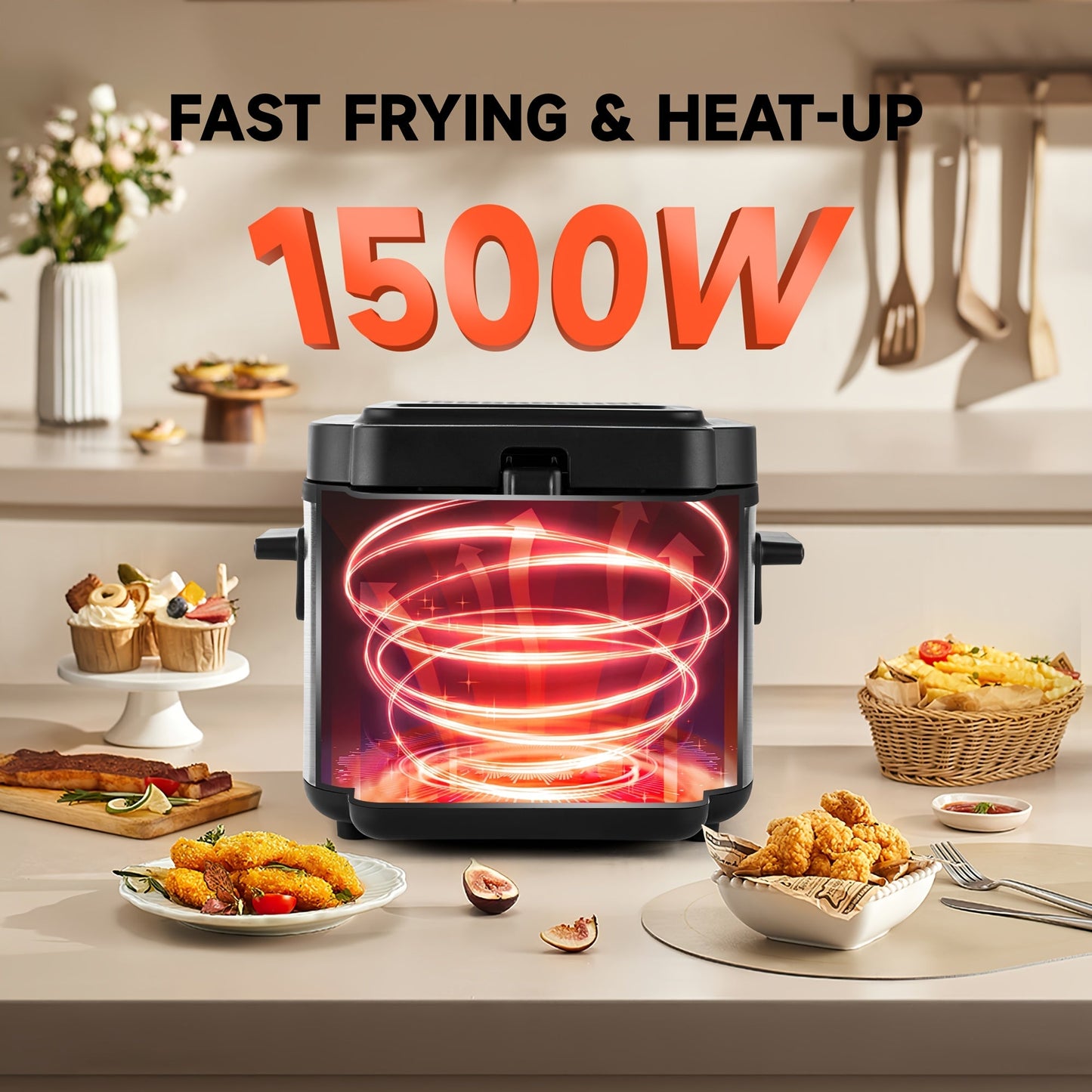Norvo | SUSTEAS 1500W Elektrisk Frityrkoker med kurv - Lett å rengjøre non-stick kjele, temperaturkontroll, avtakbart lokk, ideell for hjemmekjøkken og restauranter