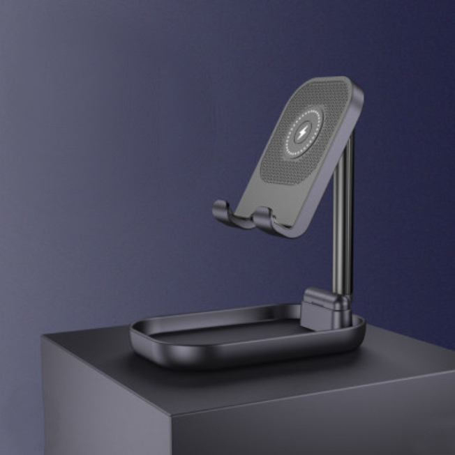 Norvo | Sammenleggbar og Justerbar Telefonholder med 10W Trådløs Hurtiglading, Opptil 25,8 cm, Lampe, Antiskli Panel, Mini Hylle, Passende for Telefoner og Nettbrett