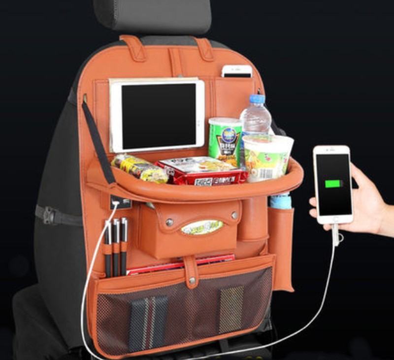 Norvo | Multifunksjonell Bilstolback Stor Kapasitet Lagringspose med 4 USB Ladeporter, Utrekkbar Brett, Tablettholder, Tissue Oppbevaring, Drikkeholder, Stor Lagringspose og Mer