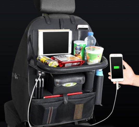 Norvo | Multifunksjonell Bilstolback Stor Kapasitet Lagringspose med 4 USB Ladeporter, Utrekkbar Brett, Tablettholder, Tissue Oppbevaring, Drikkeholder, Stor Lagringspose og Mer