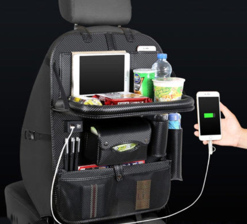 Norvo | Multifunksjonell Bilstolback Stor Kapasitet Lagringspose med 4 USB Ladeporter, Utrekkbar Brett, Tablettholder, Tissue Oppbevaring, Drikkeholder, Stor Lagringspose og Mer
