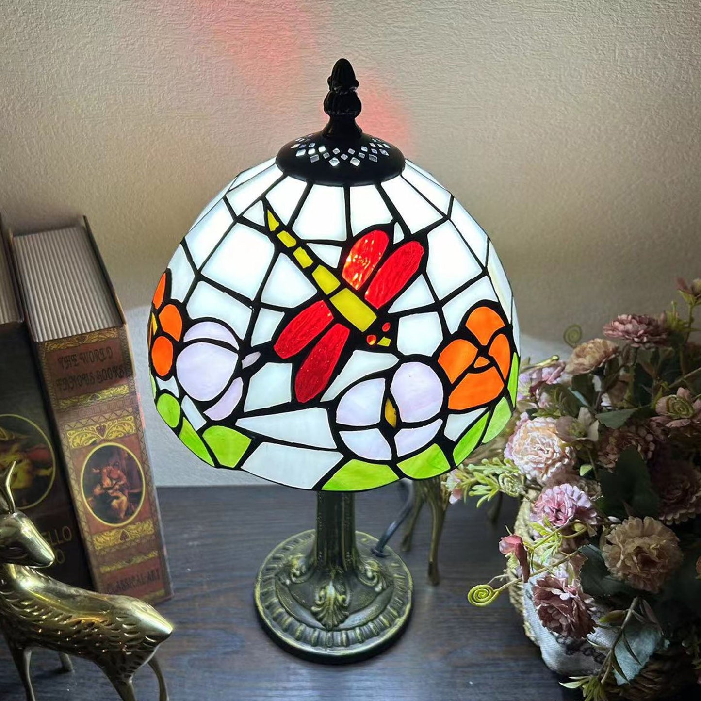 Norvo | Tradisjonell Tiffany Legert Glasskuppel Blomst 1-Lampe Bordlampe for Nattbord