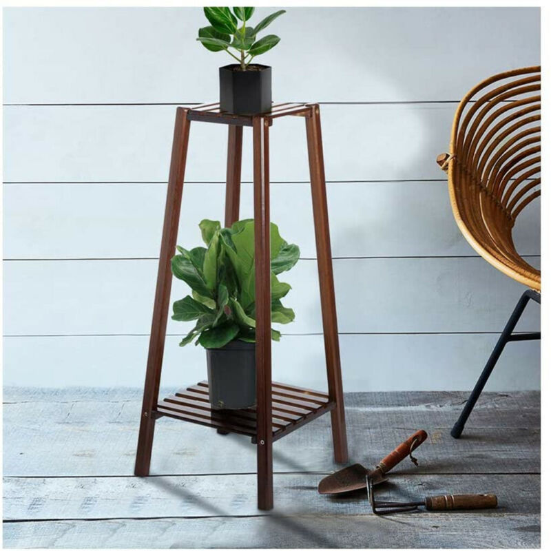 Norvo | 2 Tier Høy Plante Stativ Pottholder Lite Rom Bord Hage Blomsterpotte Brun