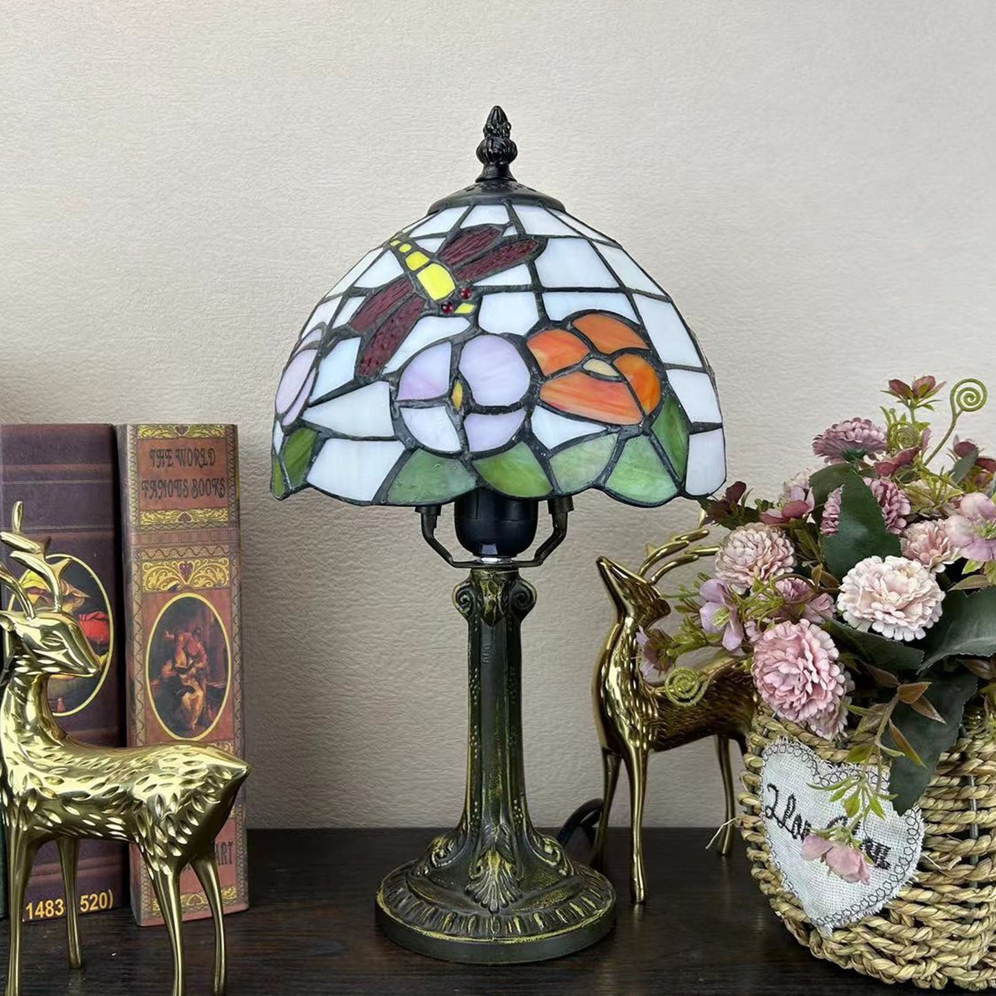 Norvo | Tradisjonell Tiffany Legert Glasskuppel Blomst 1-Lampe Bordlampe for Nattbord