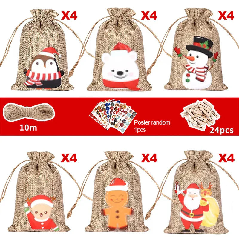 Norvo | HollyTime Adventskalender Set – 24 gjenbrukbare gaveposer med klistremerker, clips & snor
