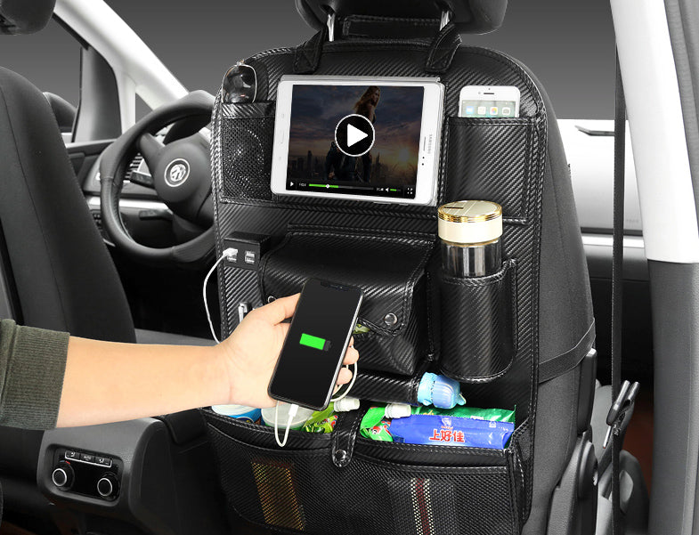 Norvo | Multifunksjonell Bilstolback Stor Kapasitet Lagringspose med 4 USB Ladeporter, Utrekkbar Brett, Tablettholder, Tissue Oppbevaring, Drikkeholder, Stor Lagringspose og Mer