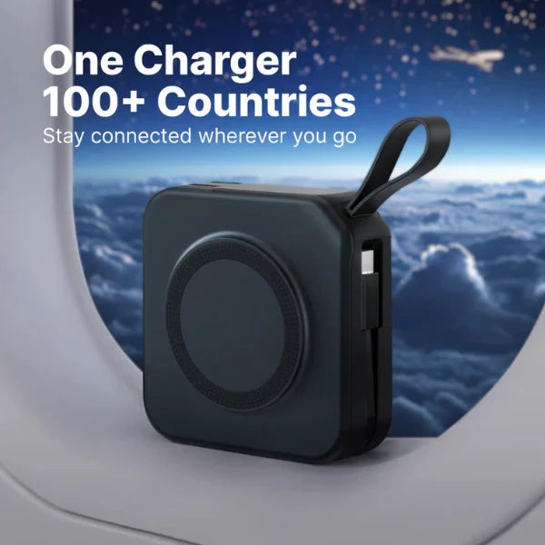 Norvo | TravelBank | Bærbar 5-i-1 Vegglader | Trådløs lading, Power Bank & Multi-enhets lading