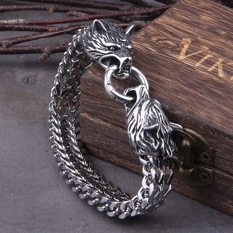 Norvo | Viking Rustfritt Stål Dobbel Ulvehode Fenris Armbånd