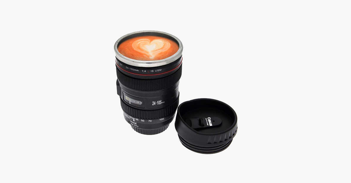 Norvo | SLR Kamera Linse rustfritt stål reise kaffekopp med sølefri lokk