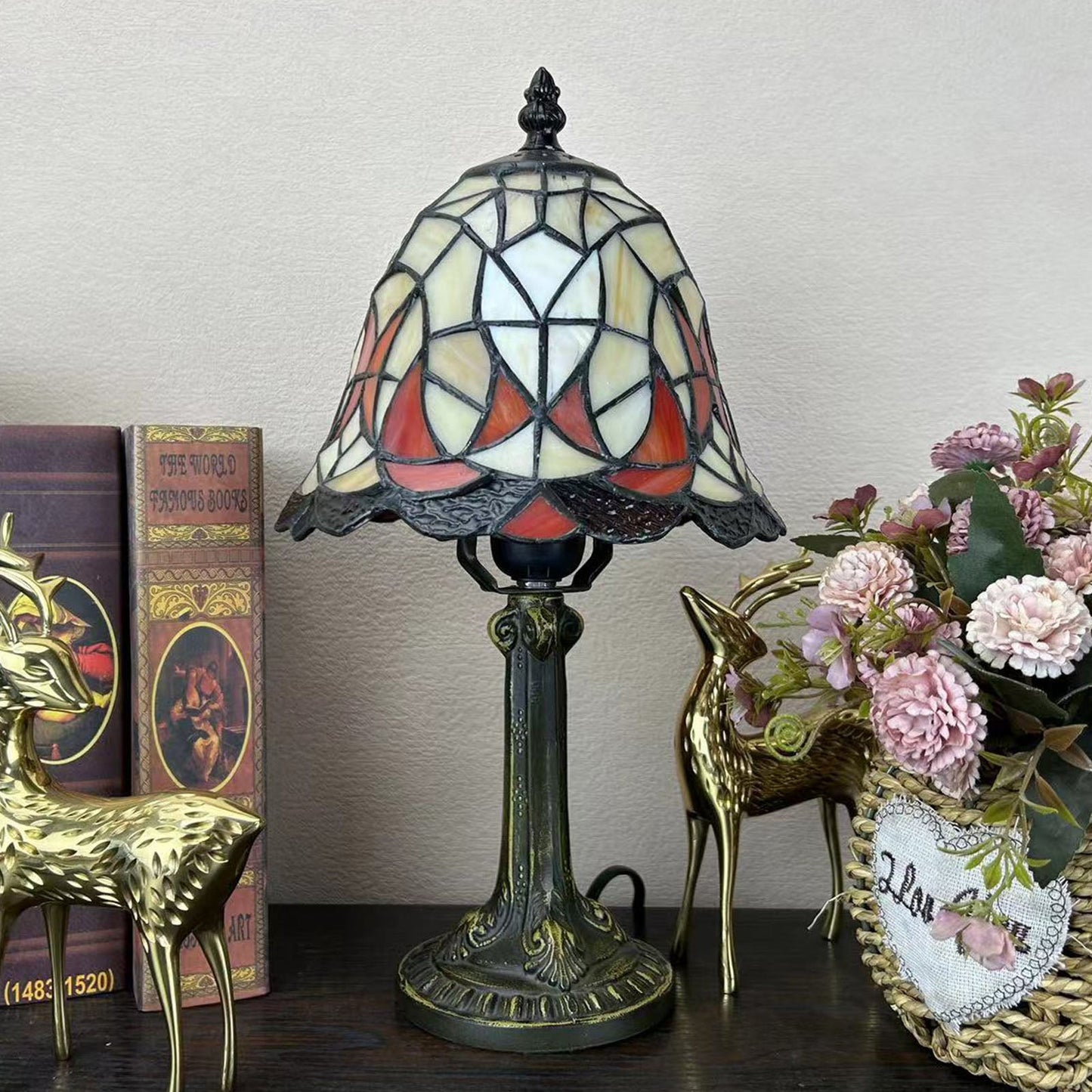 Norvo | Tradisjonell Tiffany Legert Glasskuppel Blomst 1-Lampe Bordlampe for Nattbord