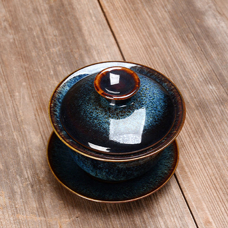 Norvo | Vintage Brennovn Keramisk Gaiwan Sancai Tekopp Tekopp og Tallerken med Lokk