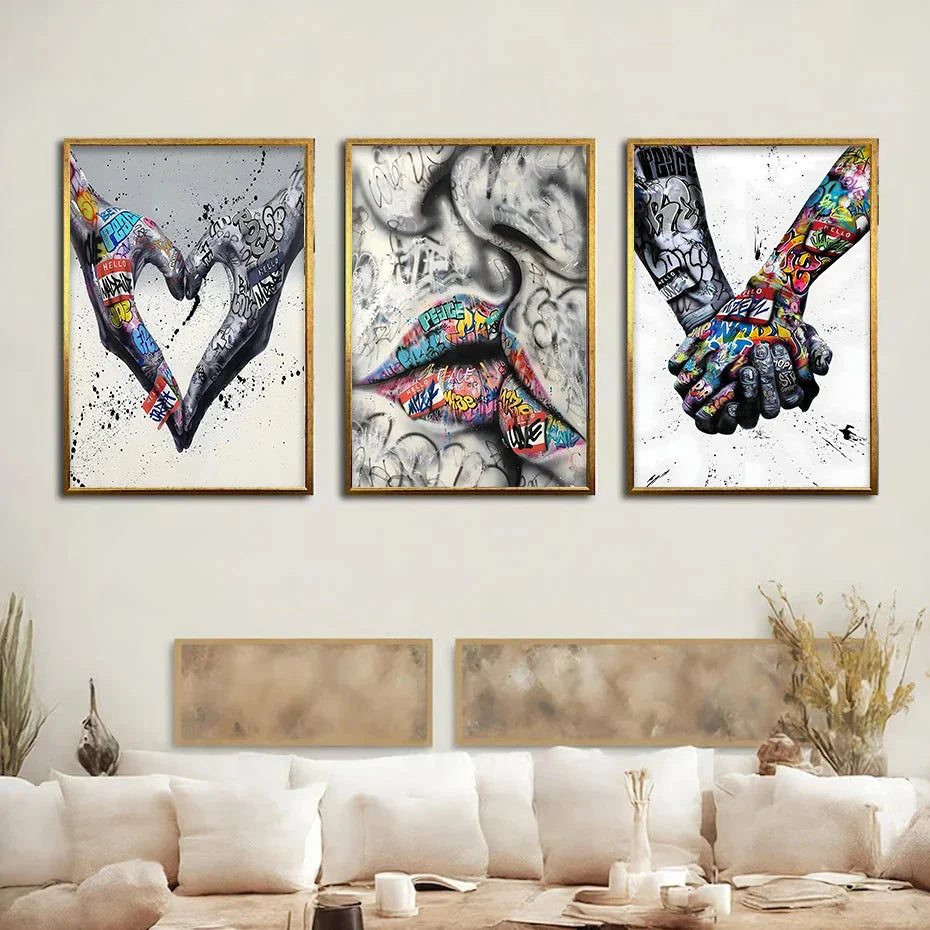 Norvo | 3PCS Moderne Kjærlighet Hånd i Hånd Kyss Kyss Plakat Graffiti Banksy Gate Veggkunst Lerret Maleri Trykk Bilder Romdekorasjon